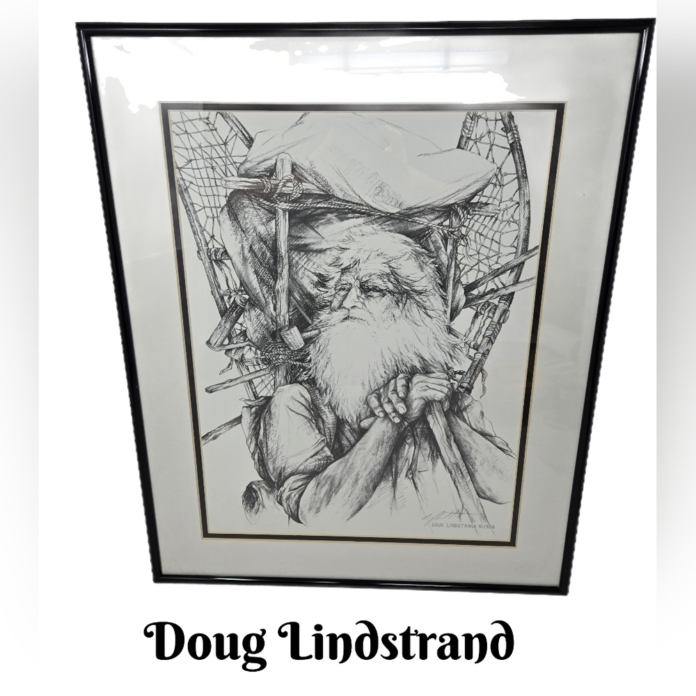 Doug Lindstrand 1988 Print Pencil Drawing Of Alaskan Mountain Man With Snowshoe